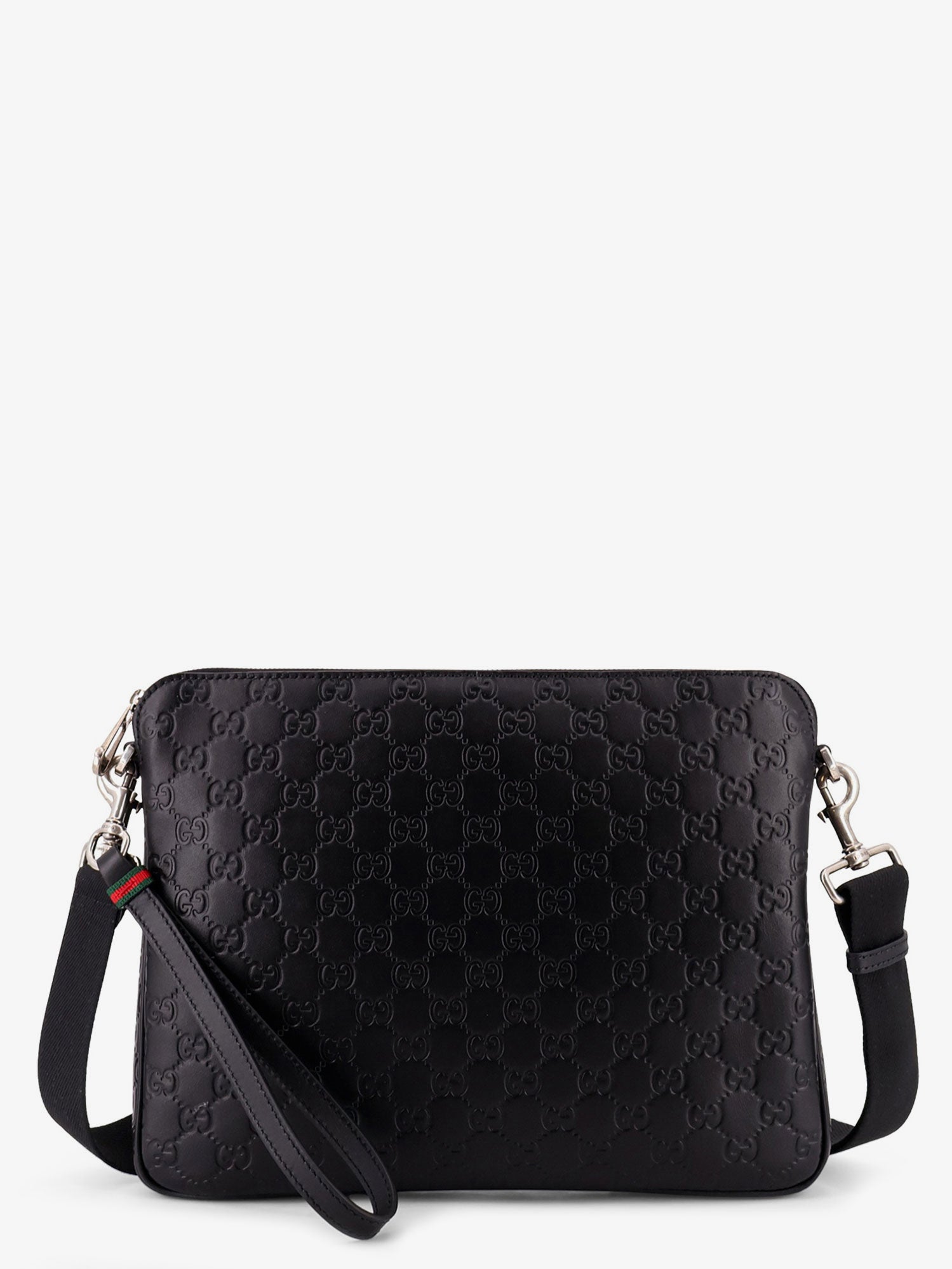 Gucci Men Leather Gg Emblem Crossbody Bag With Embossed Gg Motif