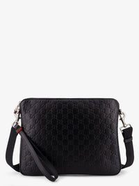 Gucci Men Leather Gg Emblem Crossbody Bag With Embossed Gg Motif