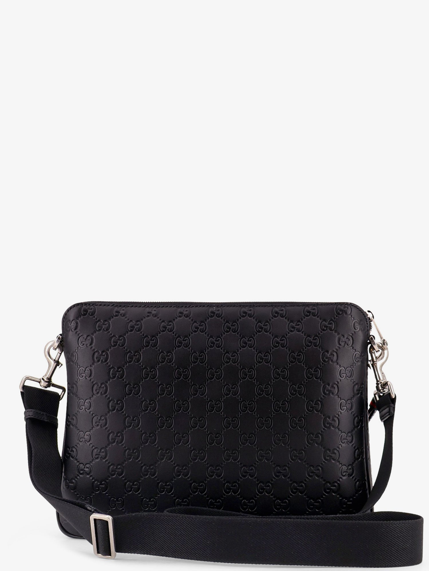 Gucci Men Leather Gg Emblem Crossbody Bag With Embossed Gg Motif