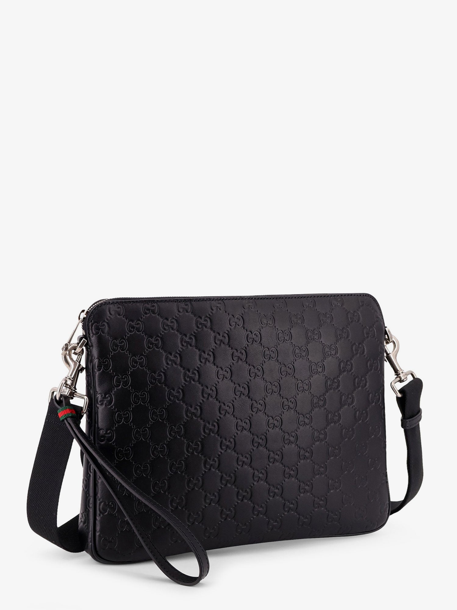 Gucci Men Leather Gg Emblem Crossbody Bag With Embossed Gg Motif