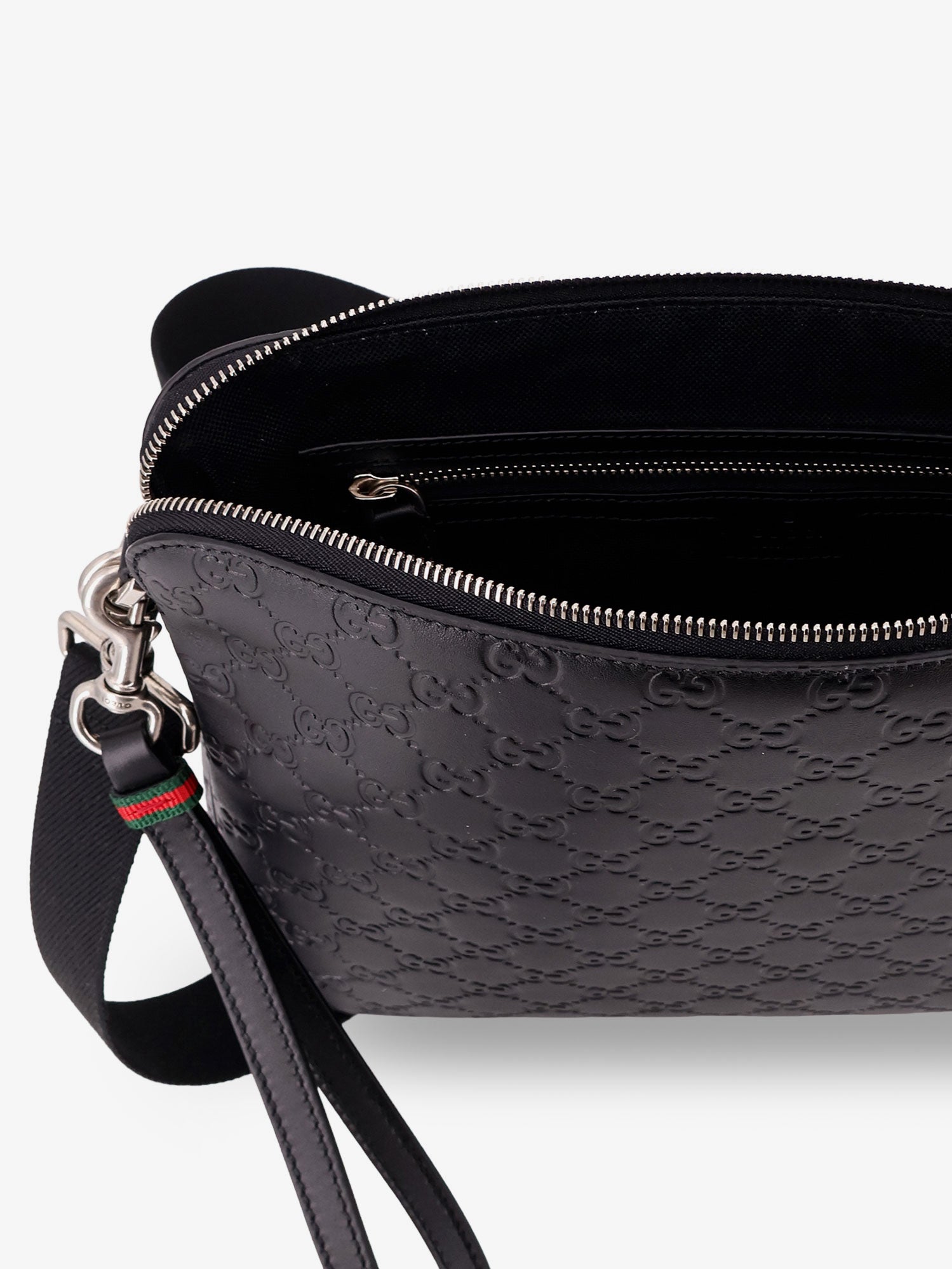 Gucci Men Leather Gg Emblem Crossbody Bag With Embossed Gg Motif