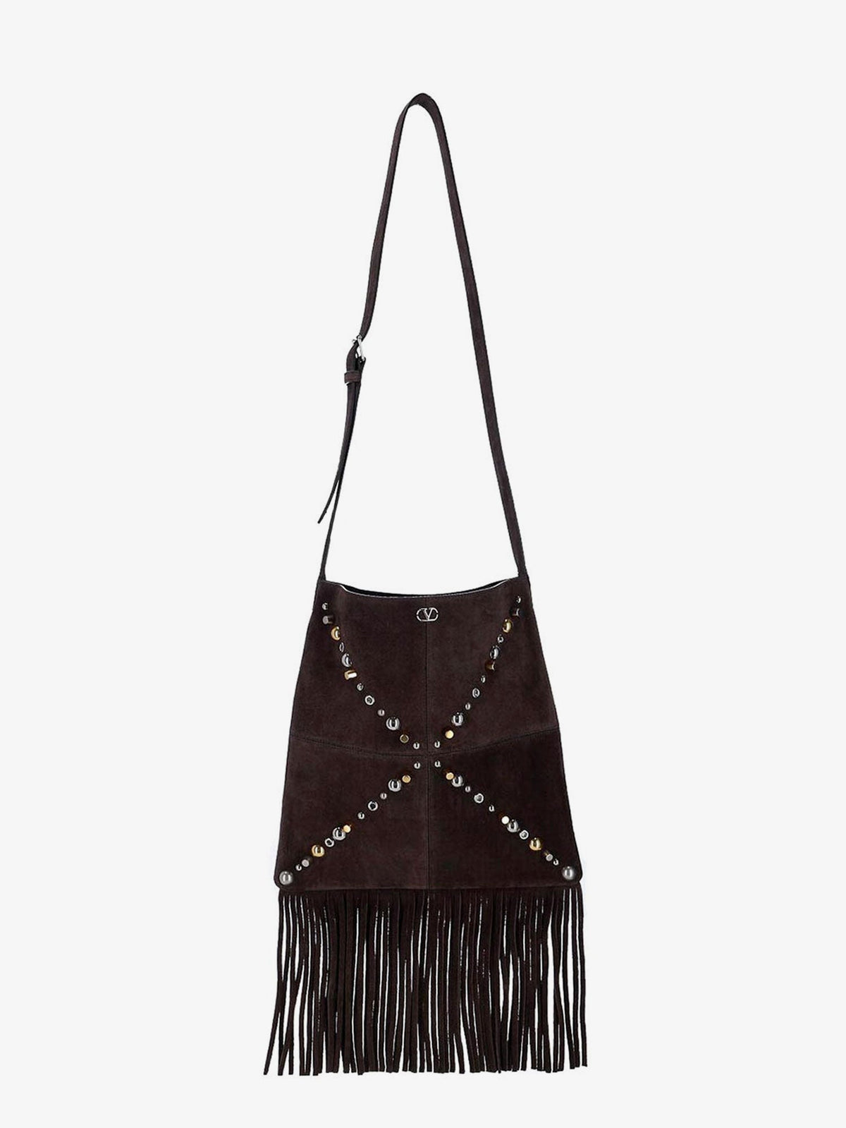 Valentino Garavani Men Suede Shoulder Bag With Fringes And Metal Details