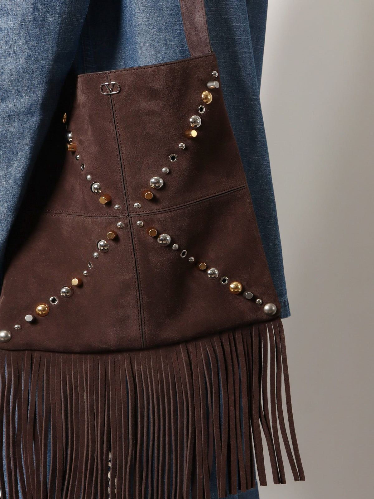 Valentino Garavani Men Suede Shoulder Bag With Fringes And Metal Details