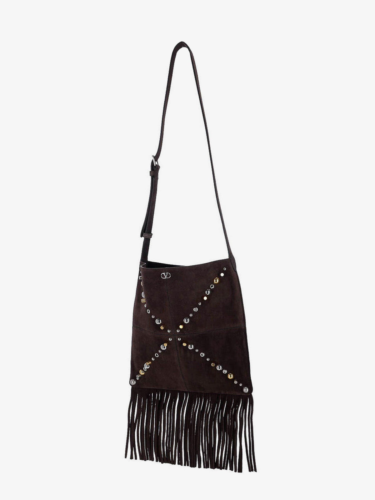 Valentino Garavani Men Suede Shoulder Bag With Fringes And Metal Details