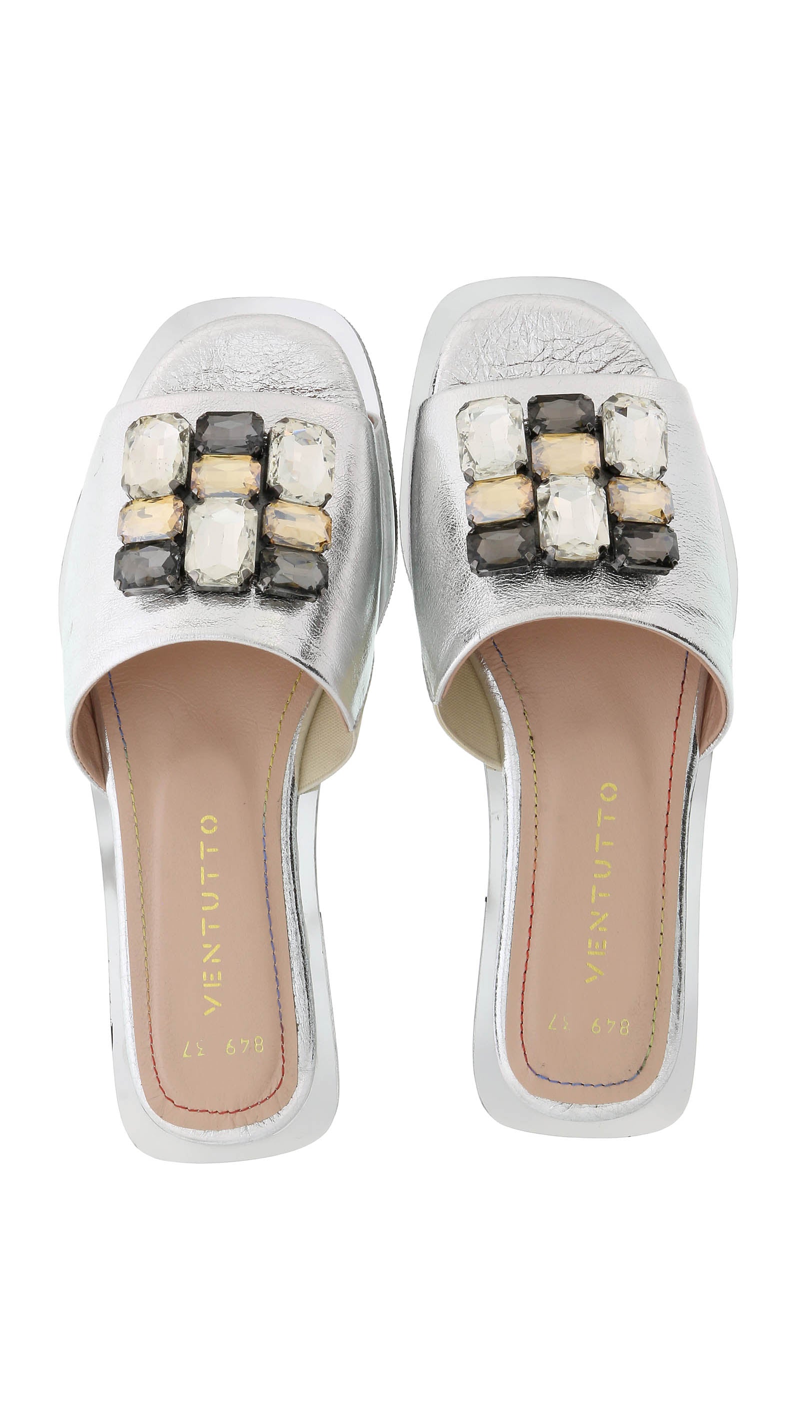 Ventutto Silver Crystal Embellished Leather Slide-