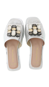 Ventutto Silver Crystal Embellished Leather Slide-