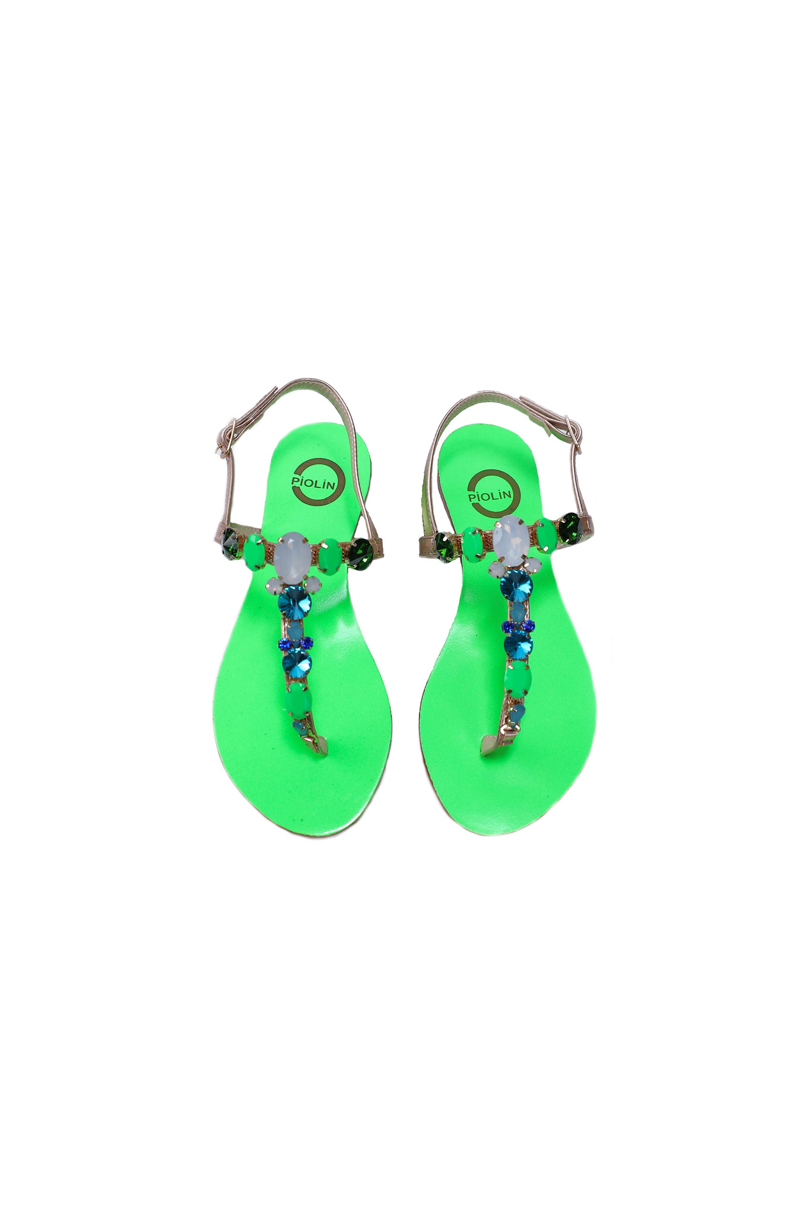 Ventutto Rio Bright Green Silver Crystal Cluster T-Strap Sandal