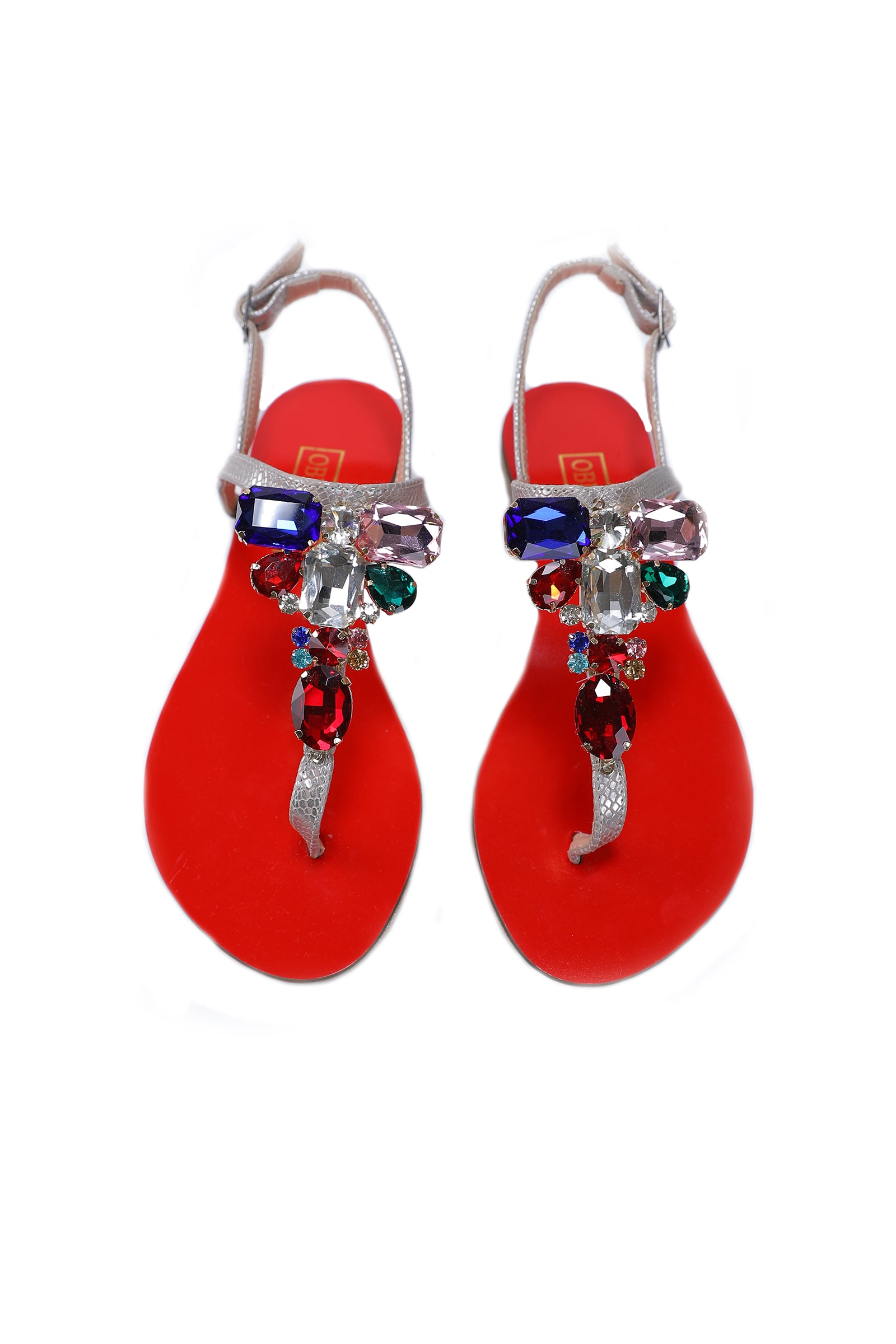 Ventutto Rio Red Silver Crystal Cluster T-Strap Sandal