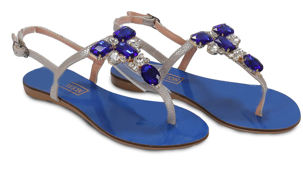 Ventutto Rio Blue Silver Crystal Cluster T-Strap Sandal