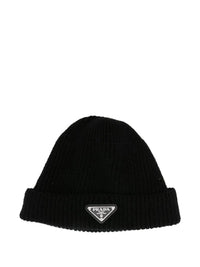 Prada Men Ribbed Logo-Plaque Beanie