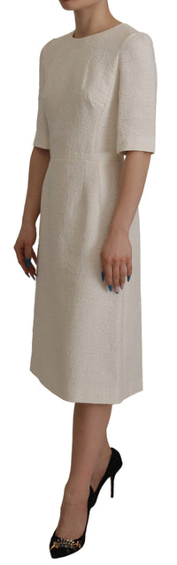 Dolce & Gabbana White Jaquard Midi Floral Sheath Brocade Women's Dress