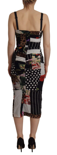Dolce & Gabbana Multicolor Pachwork Midi Floral Silk Leopard Bodycon Women's Dress