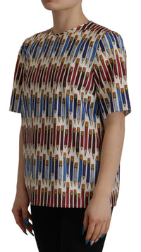 Dolce & Gabbana White Pencil Print Cotton T-shirt Women's Blouse