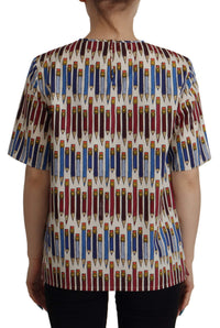 Dolce & Gabbana White Pencil Print Cotton T-shirt Women's Blouse