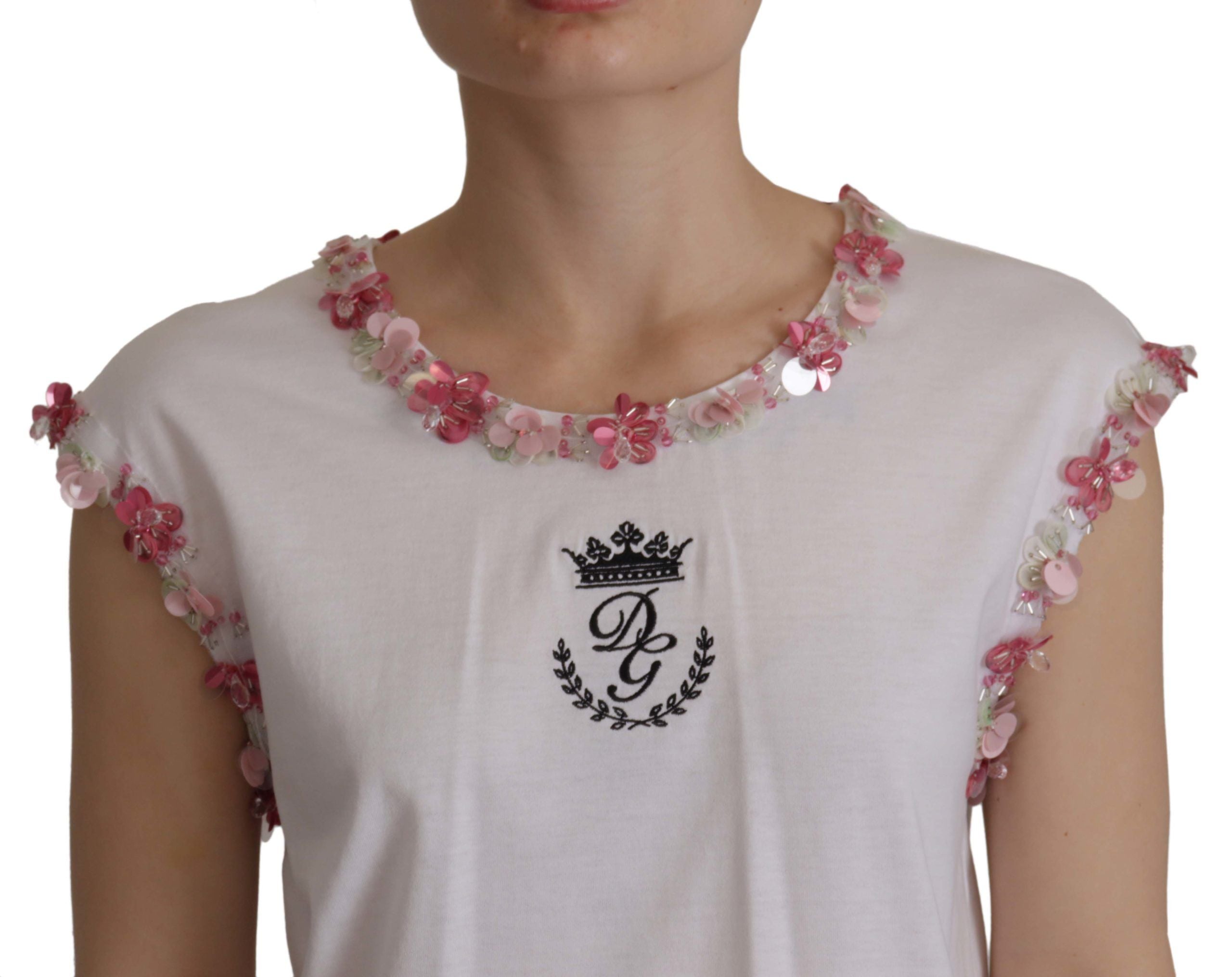 Dolce & Gabbana White DG Crown Floral Sequin Women's T-shirt