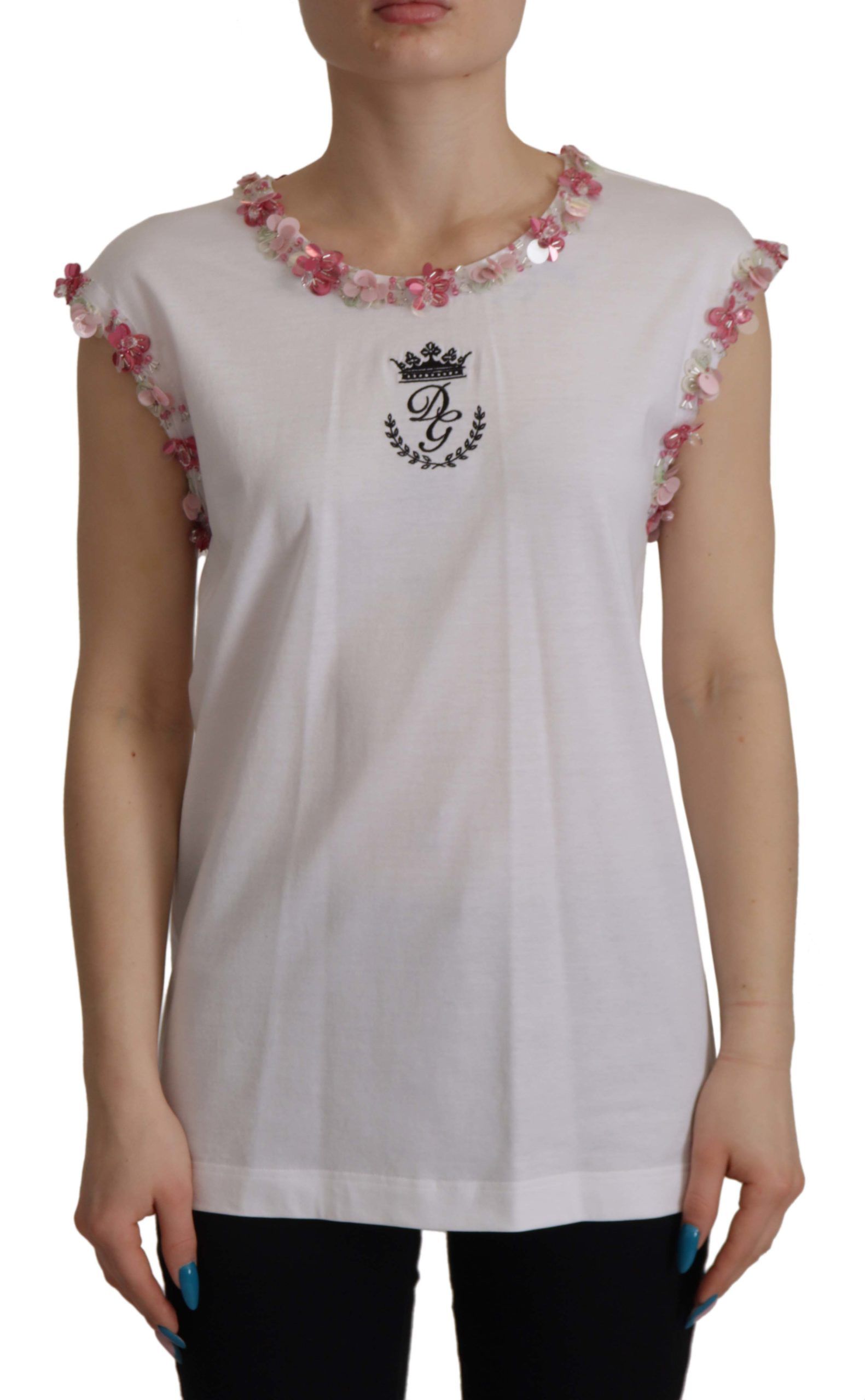 Dolce & Gabbana White DG Crown Floral Sequin Women's T-shirt