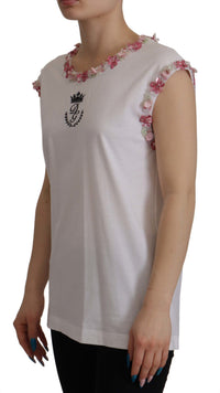 Dolce & Gabbana White DG Crown Floral Sequin Women's T-shirt