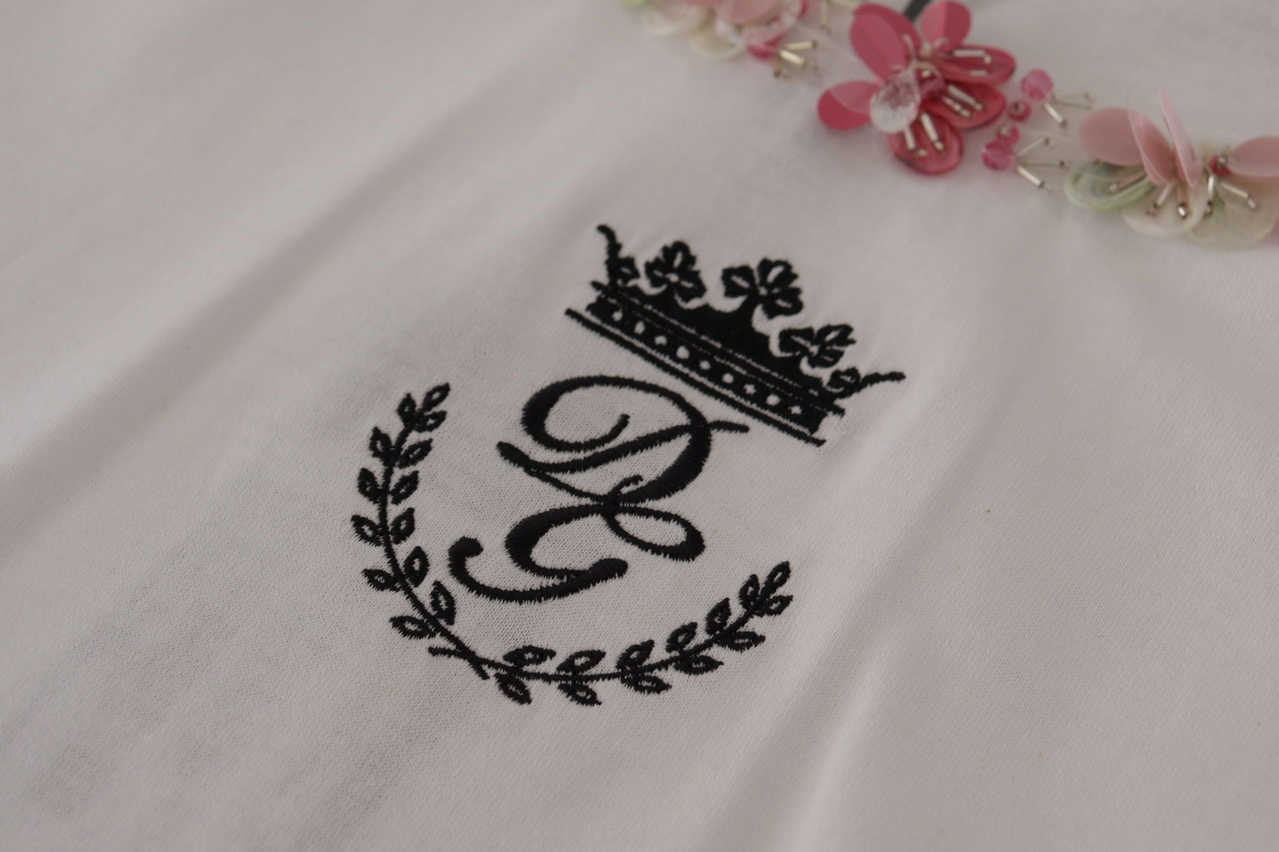 Dolce & Gabbana White DG Crown Floral Sequin Women's T-shirt