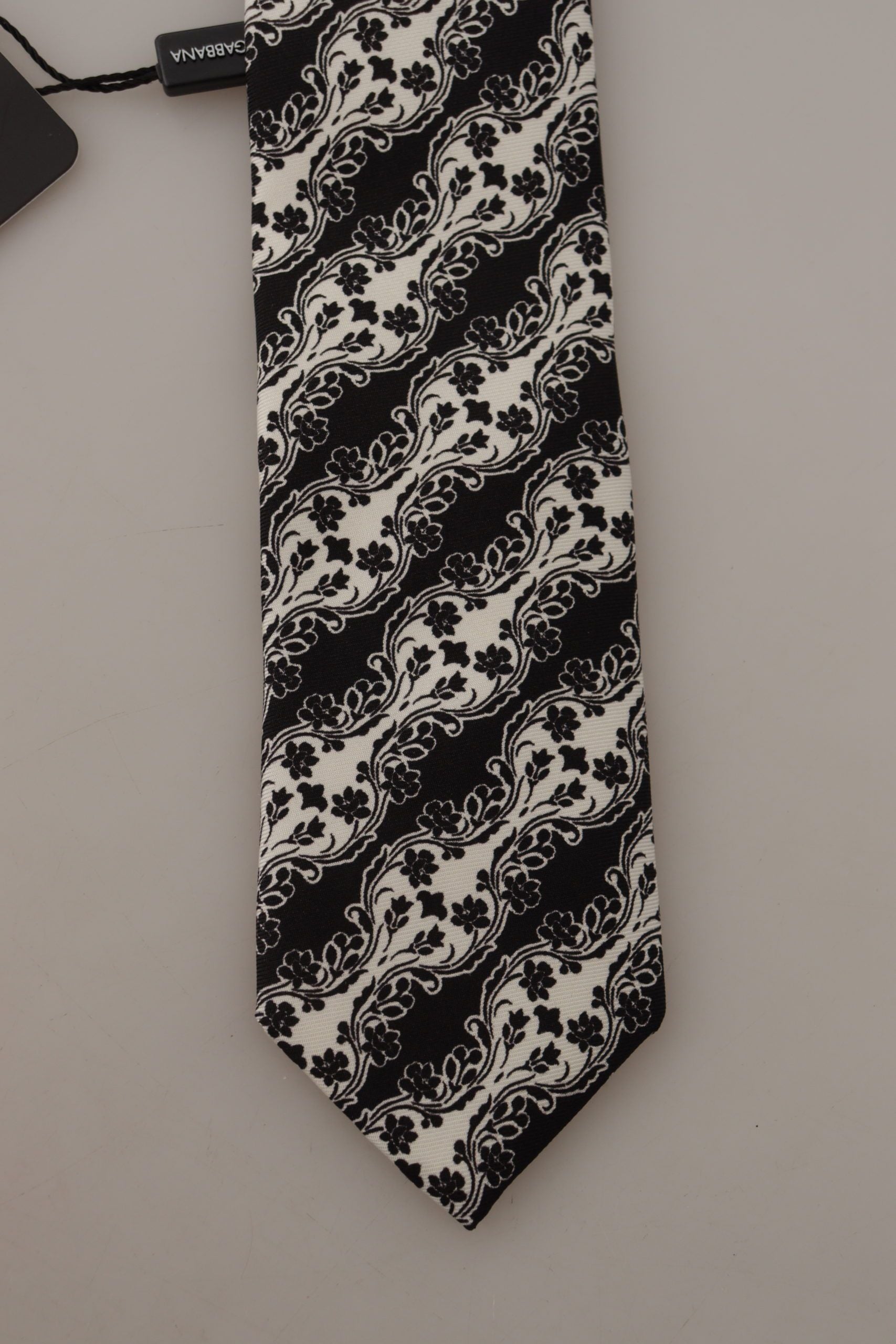 Dolce & Gabbana Dolce & Gabbana Black White Flower 100% Silk Print Adjustable Accessory Men's Tie
