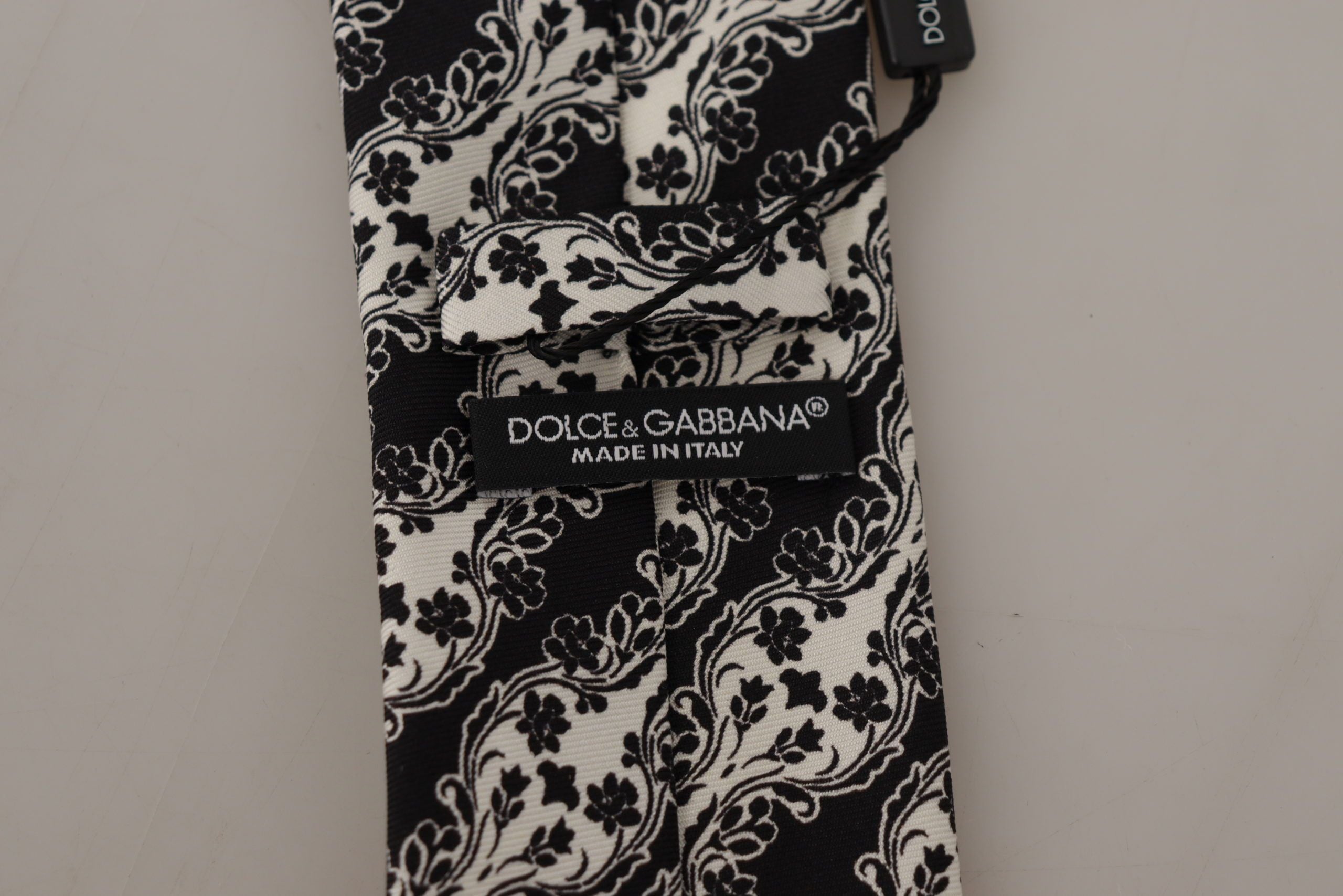 Dolce & Gabbana Dolce & Gabbana Black White Flower 100% Silk Print Adjustable Accessory Men's Tie