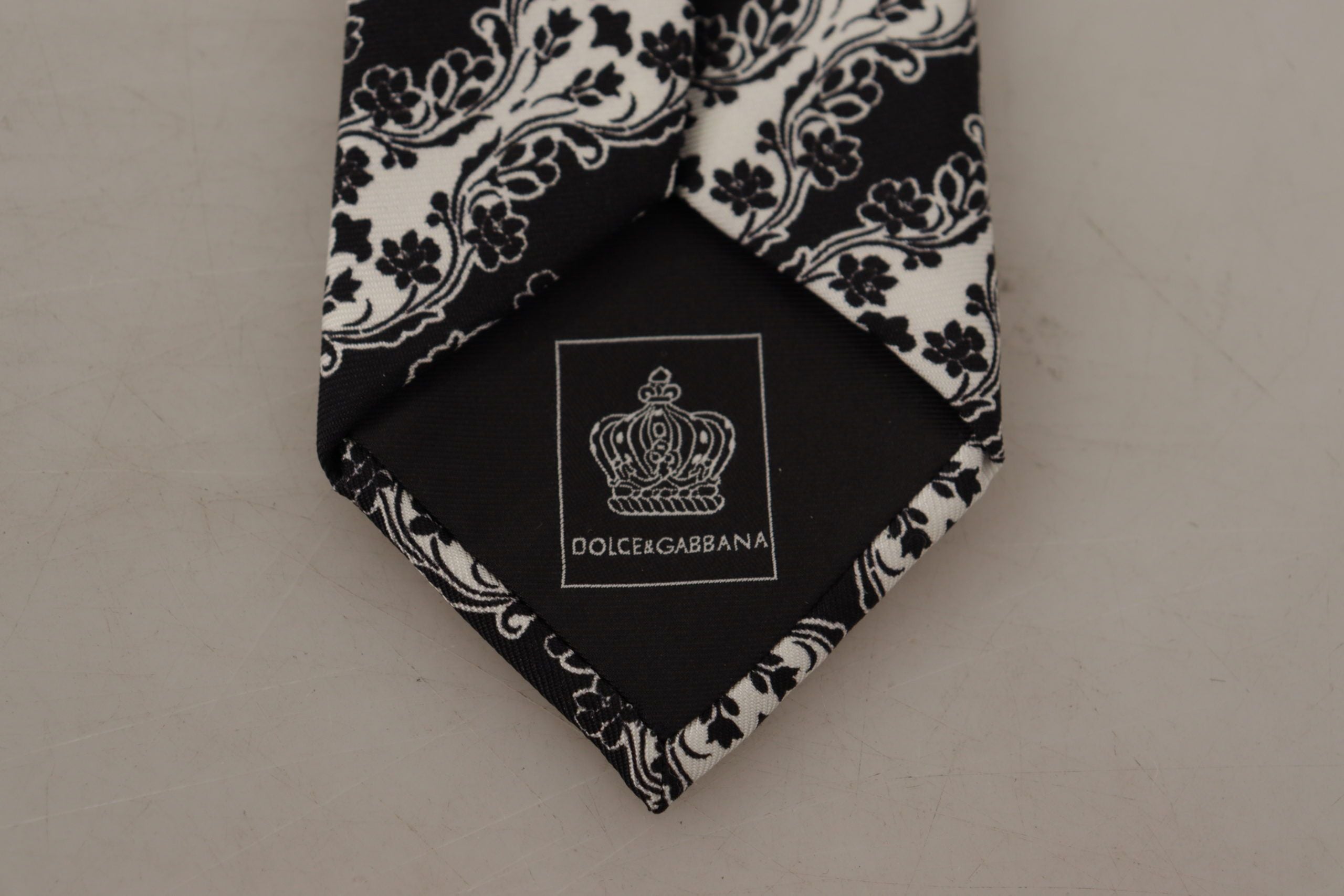 Dolce & Gabbana Dolce & Gabbana Black White Flower 100% Silk Print Adjustable Accessory Men's Tie