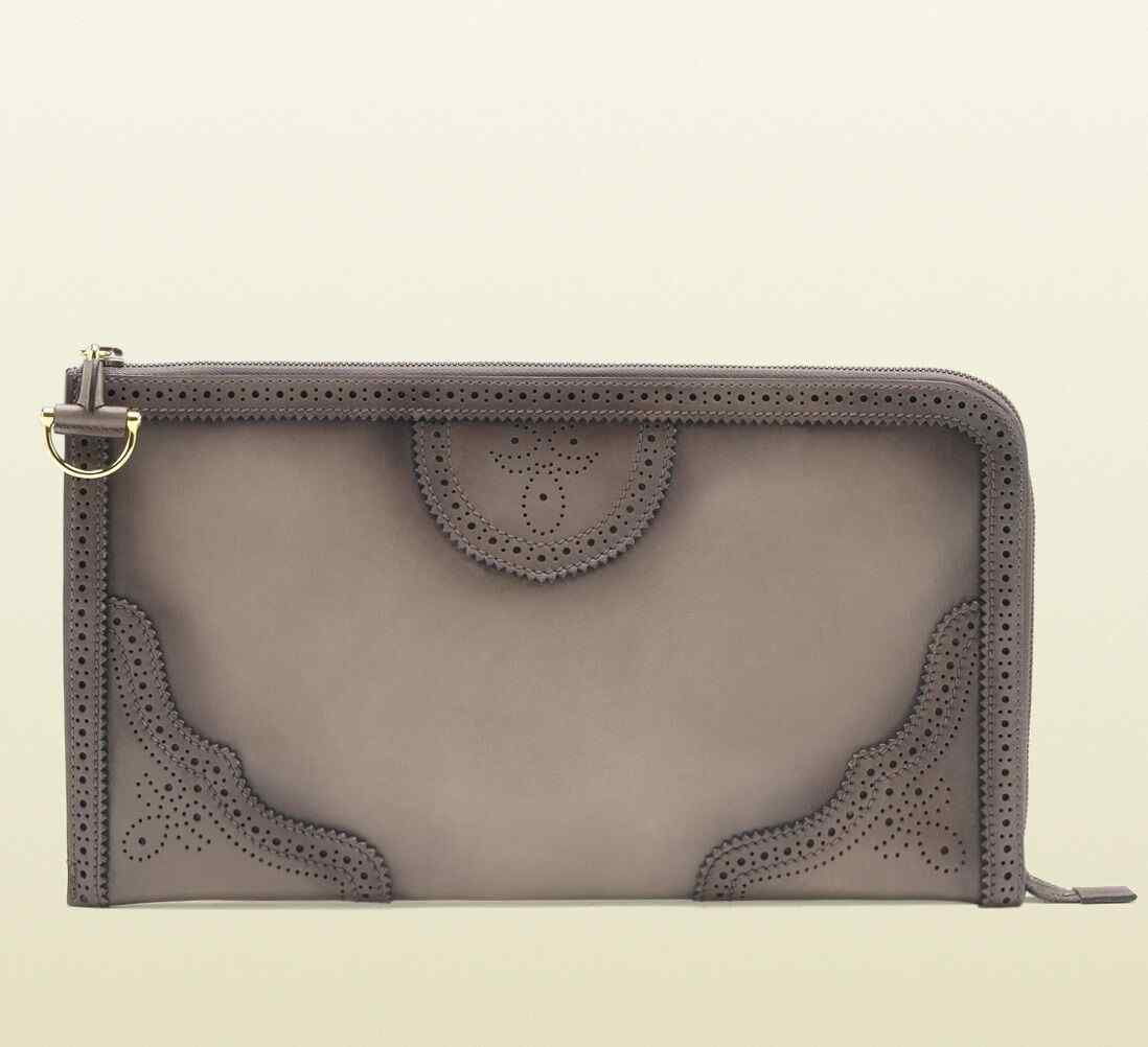 GUCCI Women's Duilio Brogue Zip Around Leather Clutch Bag OS Grey