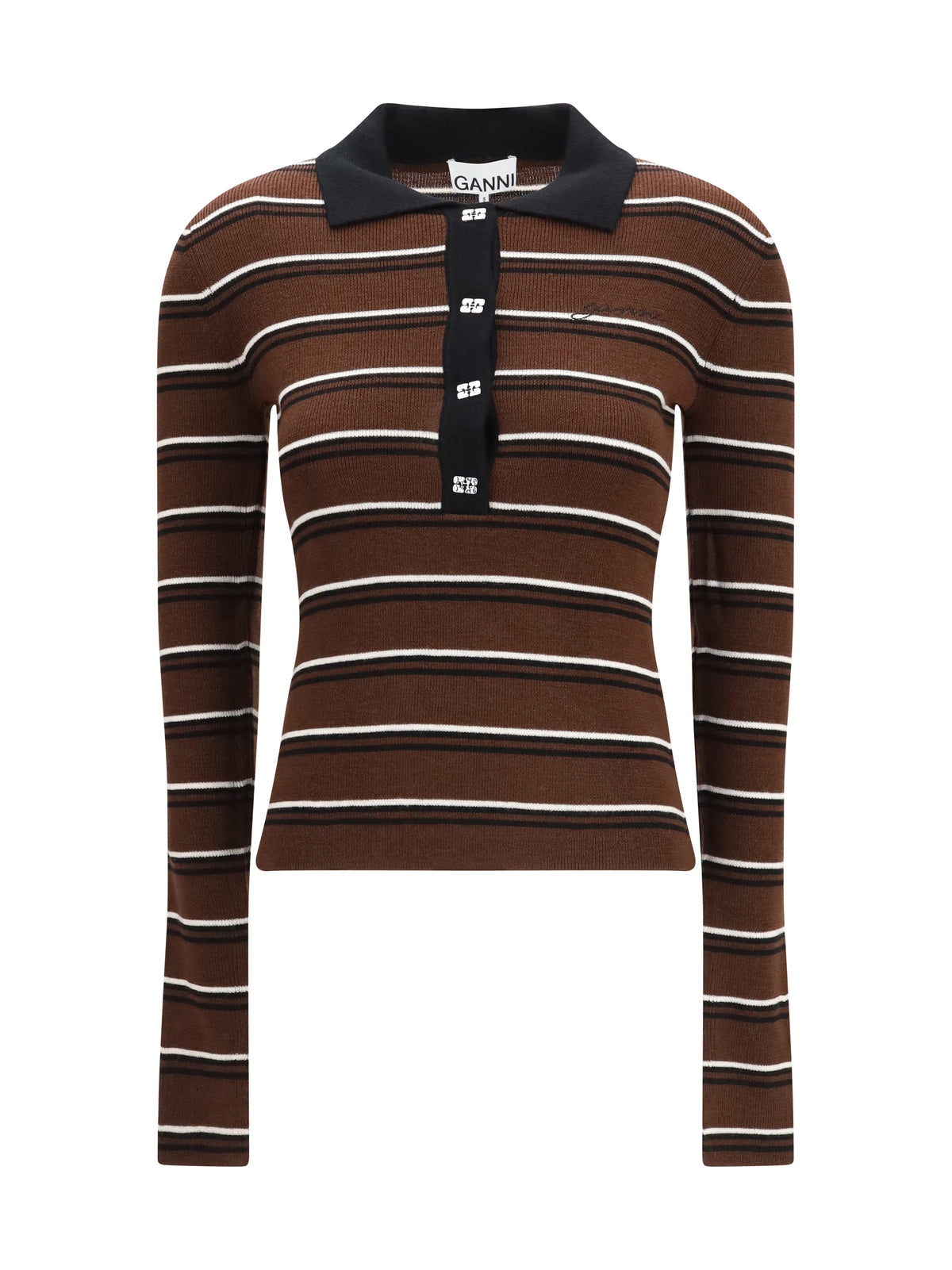 Ganni Women Striped Merino Polo Shirt