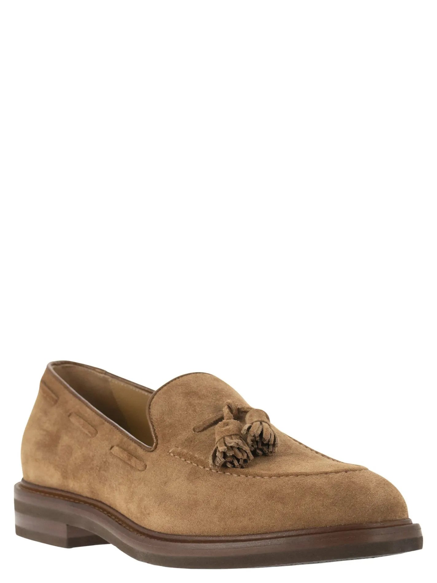 Brunello Cucinelli Mens Suede Tassle Moccasins in Light Brown1