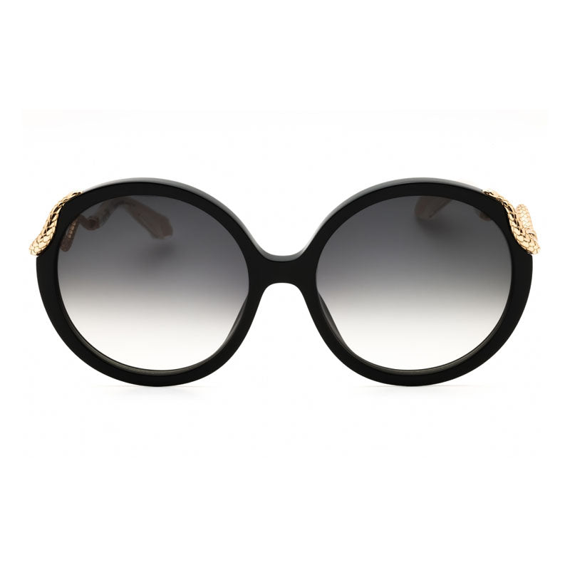 Roberto Cavalli Sunglasses Round Full Rim, Shiny Black/Gold Frame and Grey Gradient Lens SRC004M0700