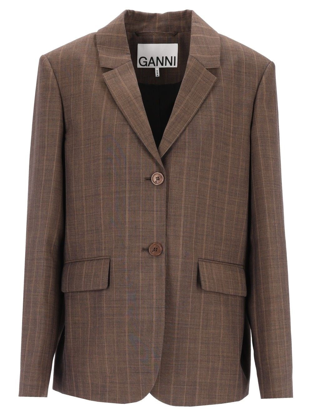 Ganni Women Brown Pinstriped Wool Blazer