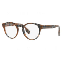 Burberry Eyeglasses Round Full Rim, Check Brown Frame and Clear Demo Lenses Lens BE23543967