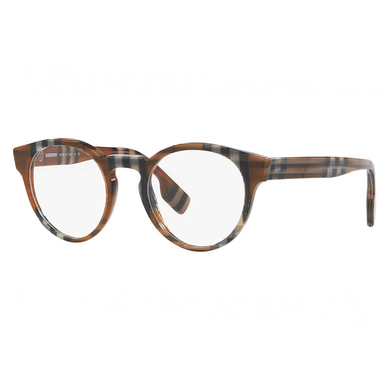 Burberry Eyeglasses Round Full Rim, Check Brown Frame and Clear Demo Lenses Lens BE23543967