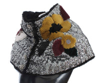 Dolce & Gabbana Silver Sequined Floral Weasel Fur Shoulder Scarf Women's Wrap