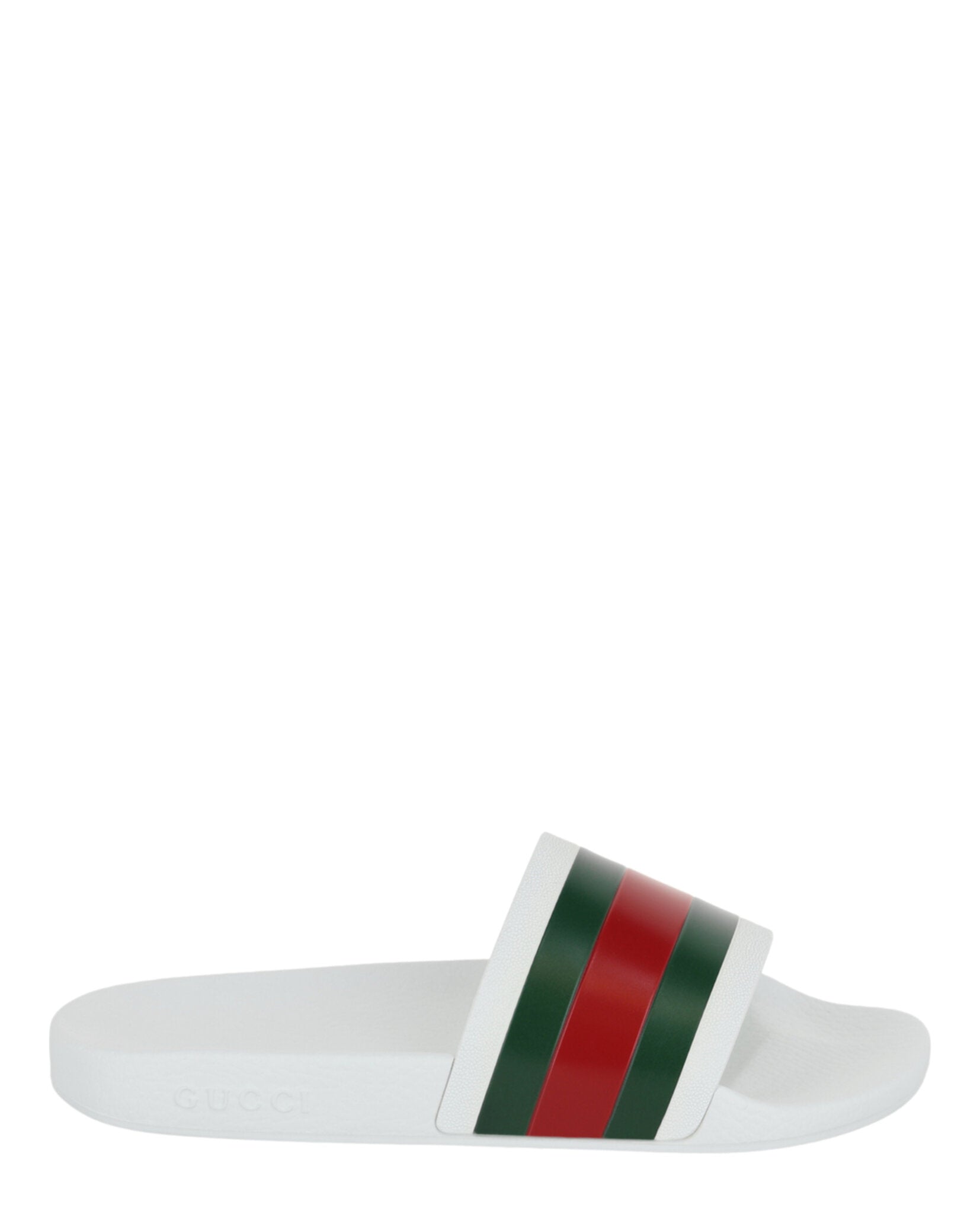 Stylish Gucci Men's Pursuit Pool Slides featuring the iconic web motif across the vamp, a round toe, and a sleek 1.3-inch platform.