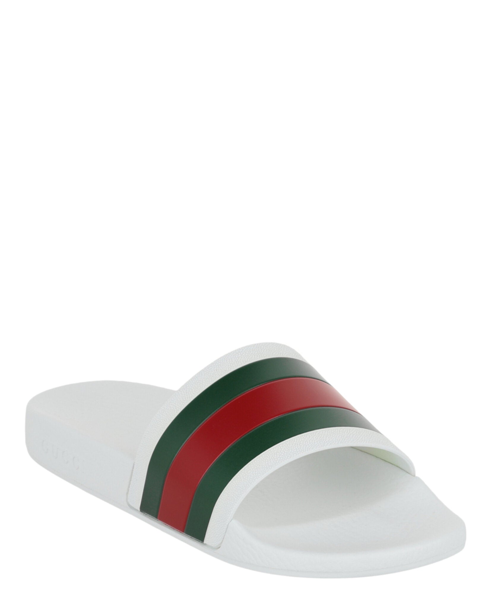 Stylish Gucci Men's Pursuit Pool Slides with a bold web motif across the vamp, featuring a 1.3-inch platform and round toe.