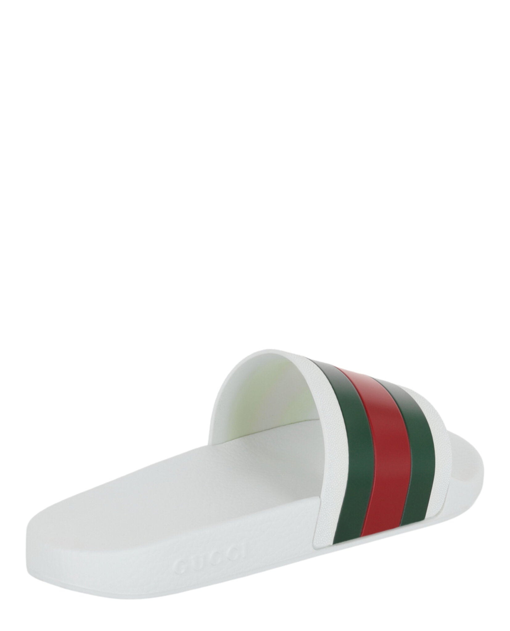 Stylish Gucci Men's Pursuit Pool Slides featuring the iconic web motif across the vamp, a round toe, and a sleek 1.3-inch platform.