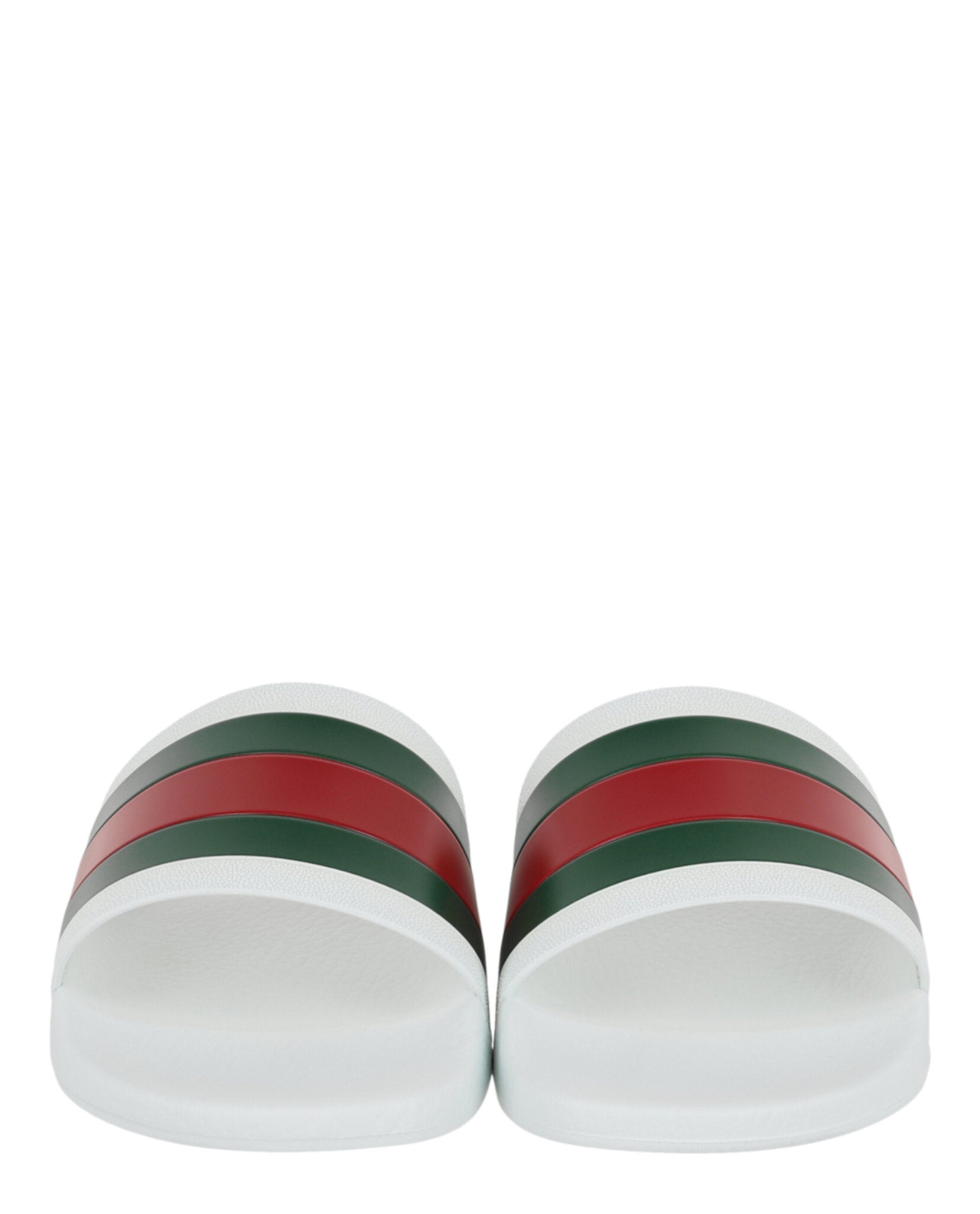 Stylish Gucci Men's Pursuit Pool Slides featuring a classic web motif across the vamp, a round toe, and a 1.3-inch platform.