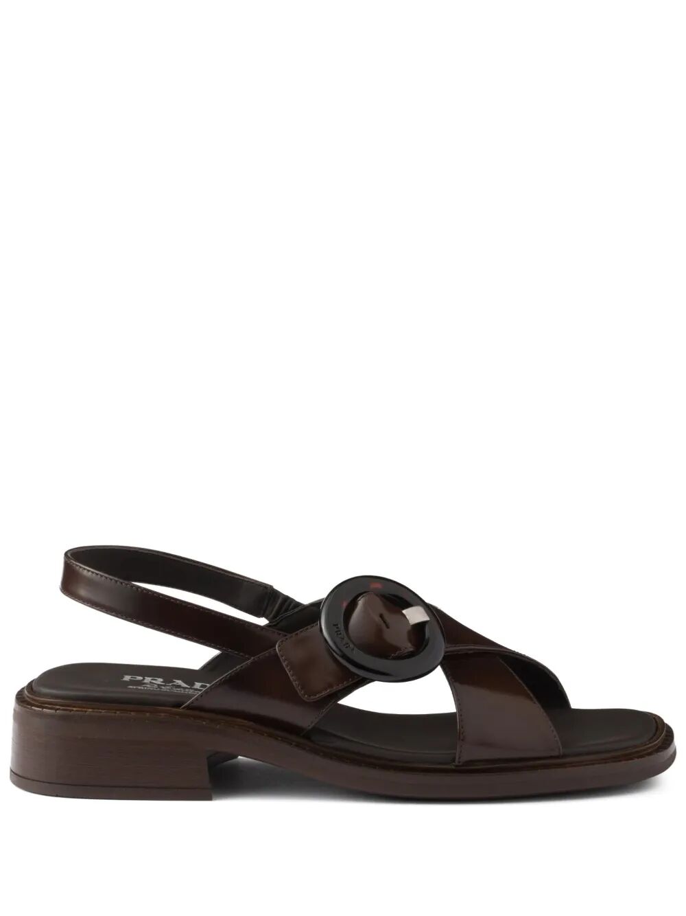 PRADA Brushed Leather Crisscross Band Sandals With Plexiglas Buckle Women