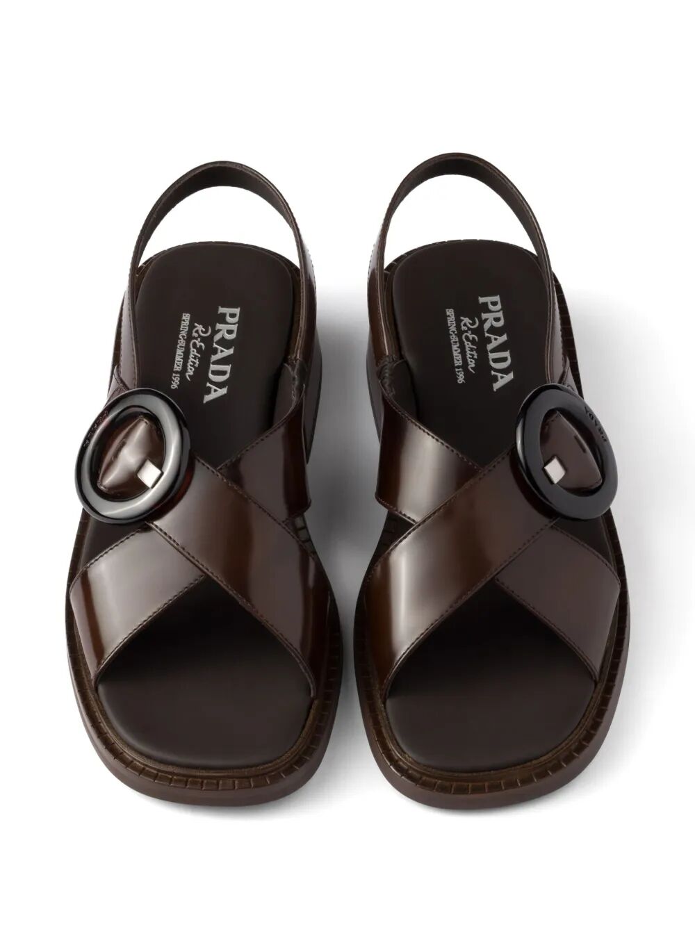 PRADA Brushed Leather Crisscross Band Sandals With Plexiglas Buckle Women