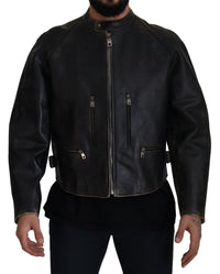 Dolce & Gabbana Black Leather Zipper Biker Coat Men's Jacket