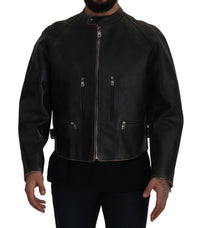 Dolce & Gabbana Black Leather Zipper Biker Coat Men's Jacket