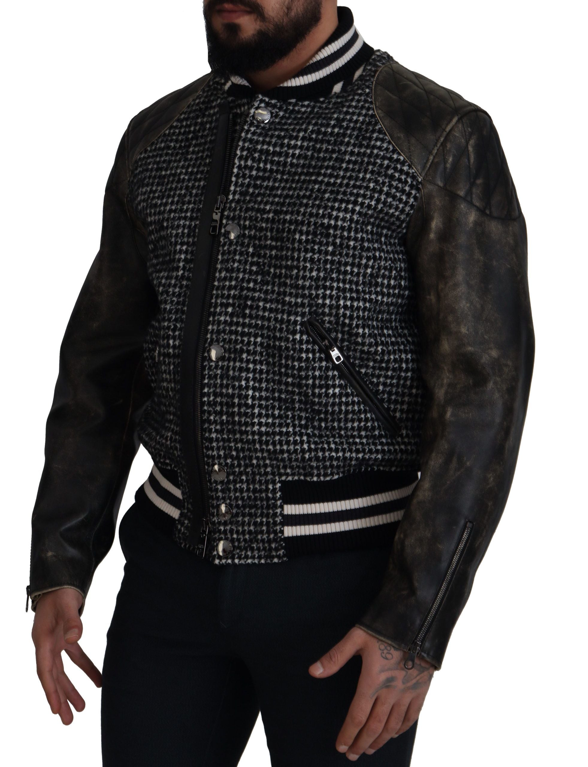 Dolce & Gabbana Black Houndstooth Polyester Bomber Men's Jacket
