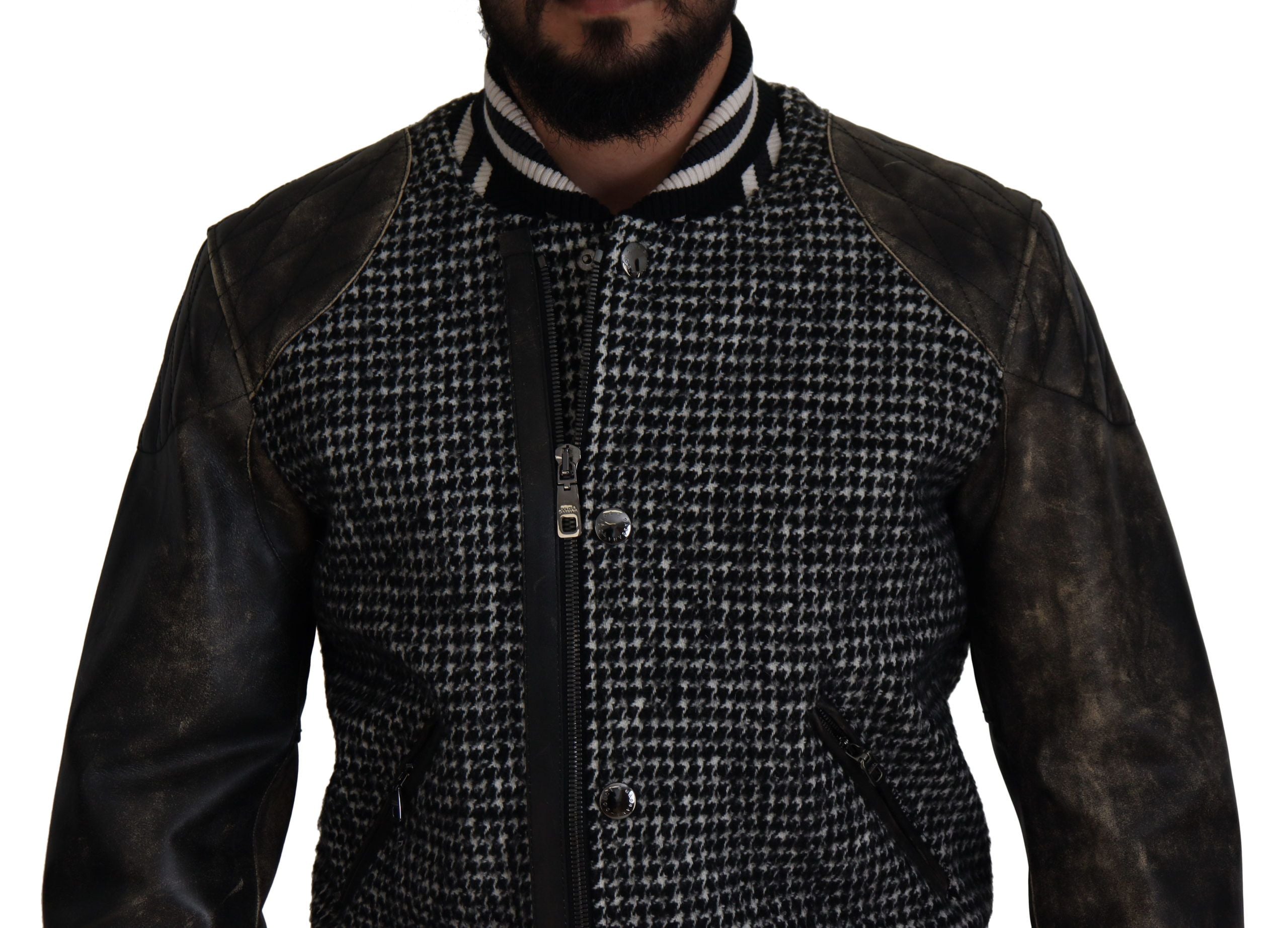 Dolce & Gabbana Black Houndstooth Polyester Bomber Men's Jacket