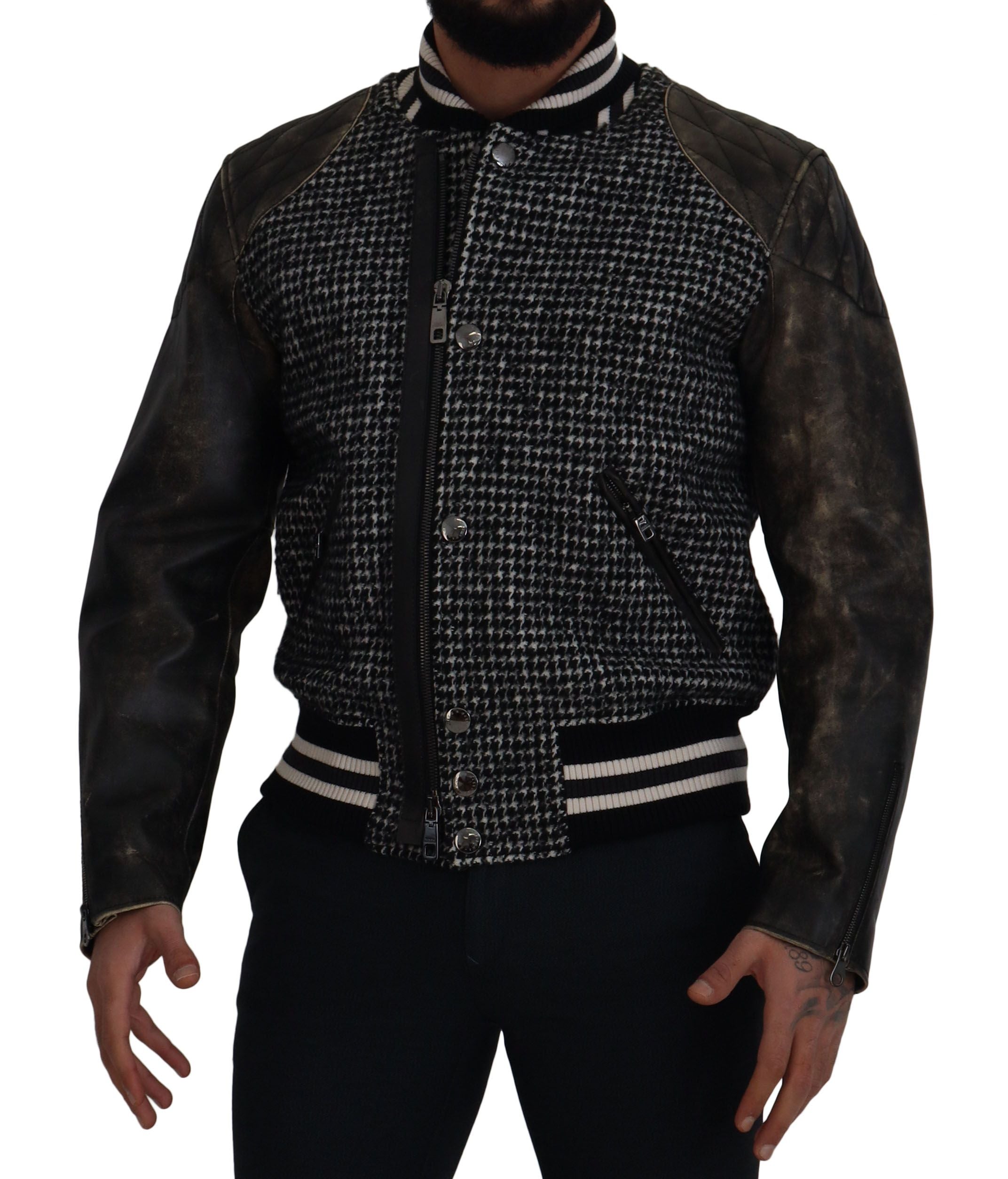 Dolce & Gabbana Black Houndstooth Polyester Bomber Men's Jacket