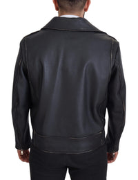 Dolce & Gabbana Black Leather Biker Coat Zipper Men's Jacket