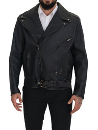 Dolce & Gabbana Black Leather Biker Coat Zipper Men's Jacket