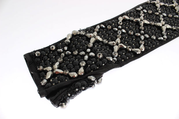 Dolce & Gabbana Black Leather Crystal Beaded Finger Free Women's Gloves