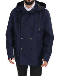 Dolce & Gabbana Blue Hooded Double Breasted Coat Men's Jacket