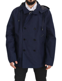 Dolce & Gabbana Blue Hooded Double Breasted Coat Men's Jacket