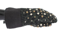 Dolce & Gabbana Gray Wool Shearling Studded Green Leopard Men's Gloves